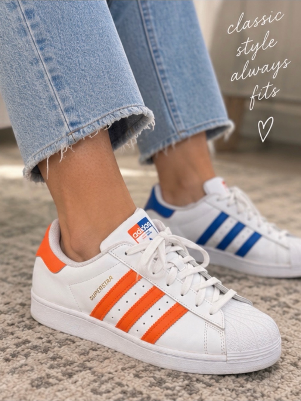 Adidas Superstar White Orange Blue Mismatched Shell Toe Sneakers